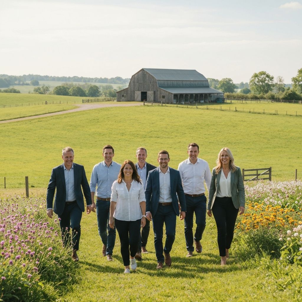 Team walking together on countryside farm